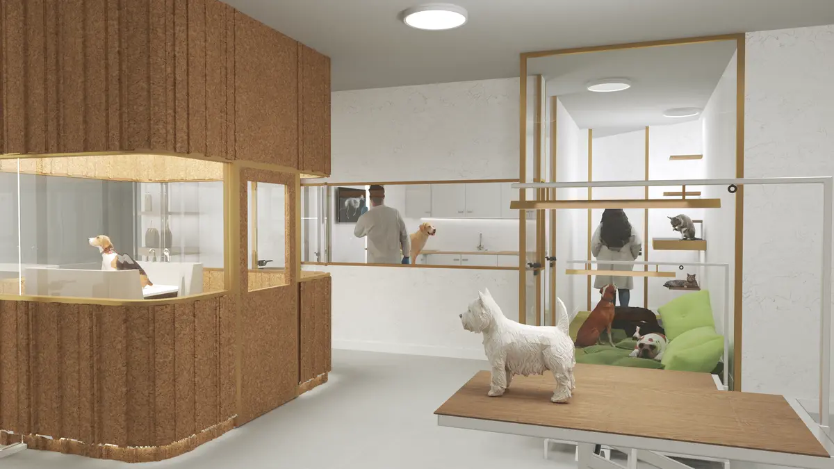 Infografía del proyecto: el interior, con mostrador blanco y madera.